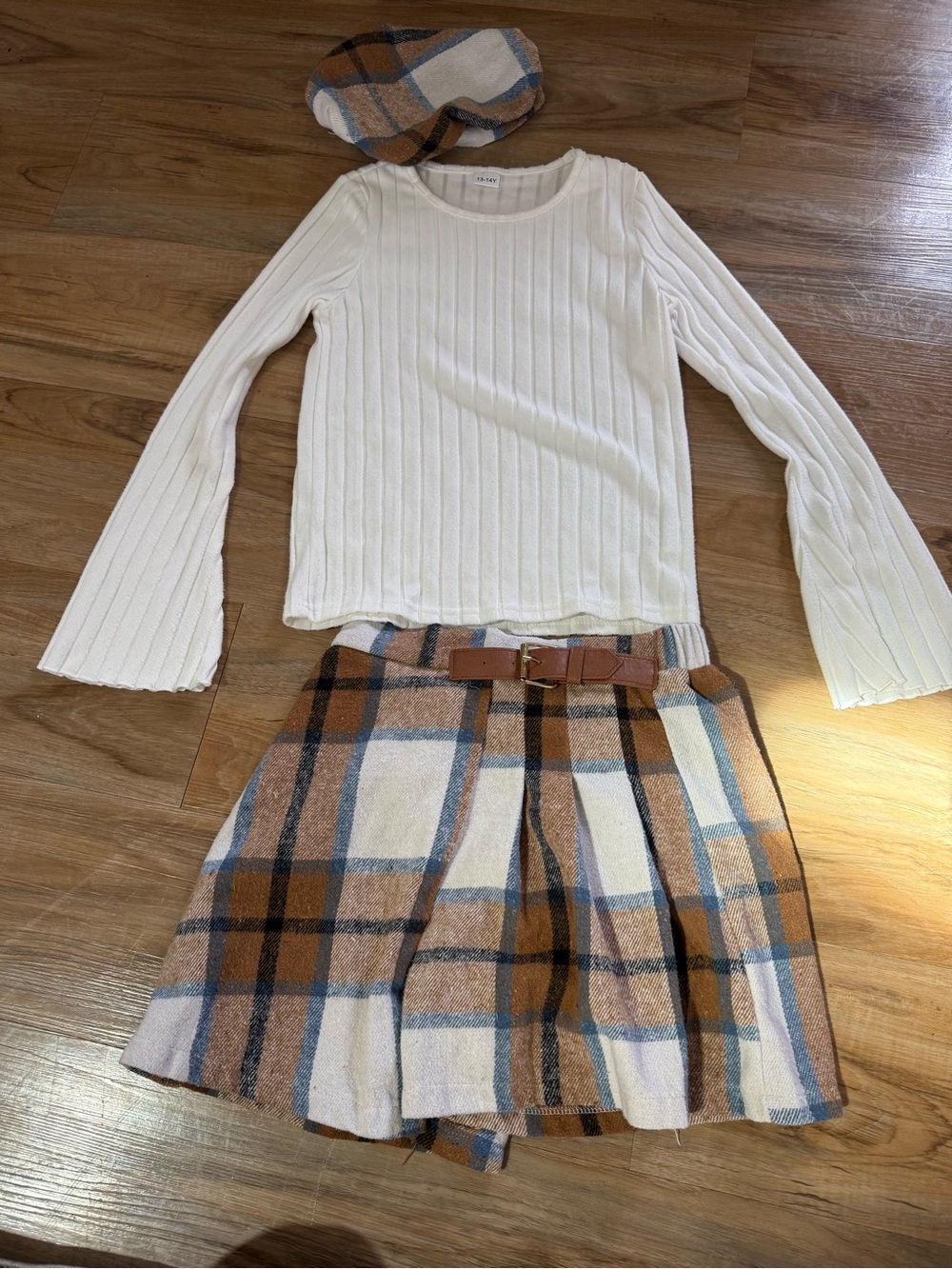 Cream Ribbed Long Sleeve Top with Brown Plaid Skirt Set with hat